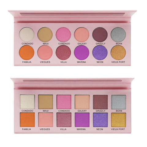 12 Colors Custom Makeup Eye Shadow Palette Private Label Matte Shimmer Glitter Vegan Pink Waterproof Eyeshadow Palette