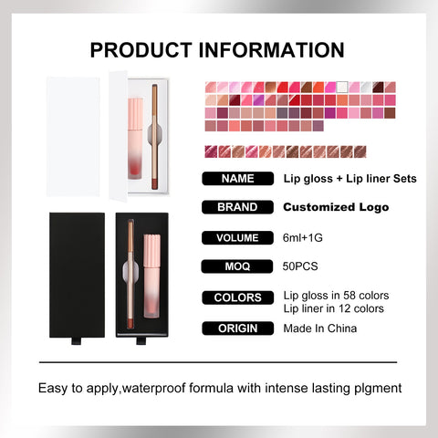 58 Colors Private Label Custom Waterproof Vegan Matte Lipgloss Long-lasting Cruelty-Free Nude Lip Liner Lipstick Lip Gloss Set