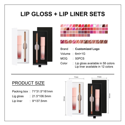 58 Colors Private Label Custom Waterproof Vegan Matte Lipgloss Long-lasting Cruelty-Free Nude Lip Liner Lipstick Lip Gloss Set