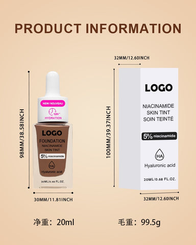 Private Label 12 Hour Long Lasting Moisturizing Waterproof Matte Niacinamide Hyaluronic Acid Organic Vegan Liquid Foundation