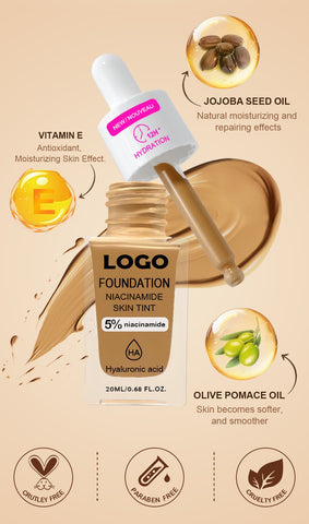 Private Label 12 Hour Long Lasting Moisturizing Waterproof Matte Niacinamide Hyaluronic Acid Organic Vegan Liquid Foundation