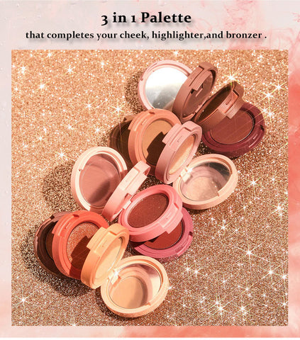 Vegan 3 in 1 Blusher Pigment Palette High Pigmented Custom Logo Cheek Blush Matte Powder Blusher Highlight Contour